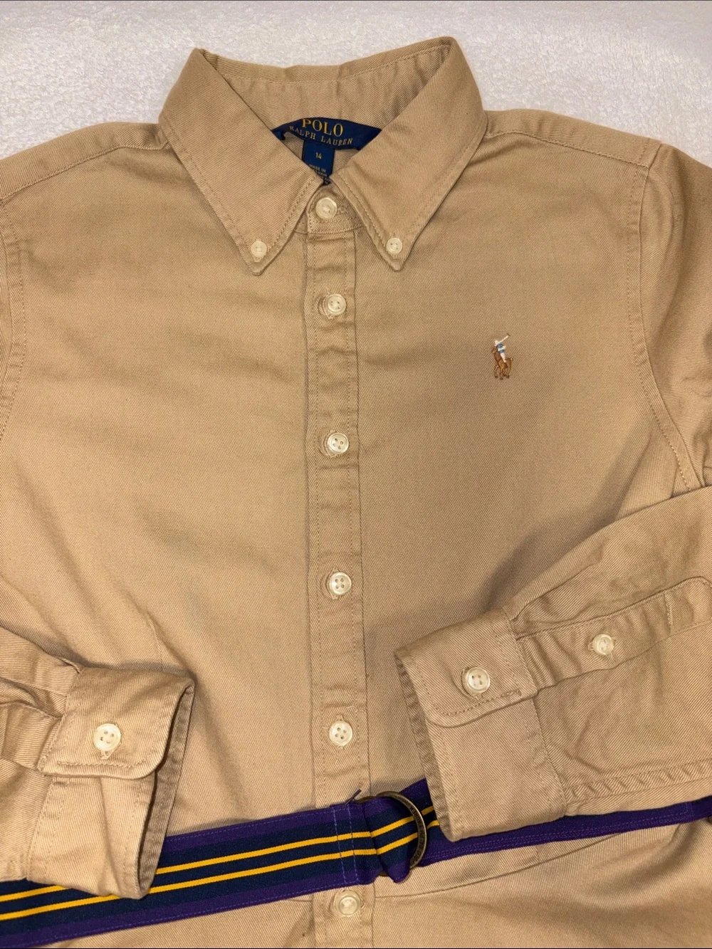 Ralph Lauren Khaki Button-Down Shirt Dress purple Yellow Stripe Belt girls 14